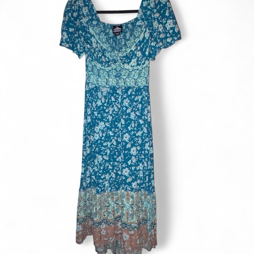 Angie Boho Teal Aqua Blue floral Side Slit Keyhole Maxi Dress Size Large